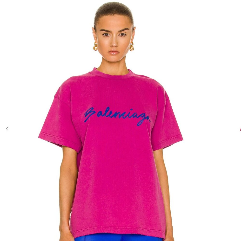 NWT Balenciaga Distressed Oversized Unisex T-Shirt Dark Fuchsia Small Cotton - Picture 2 of 11